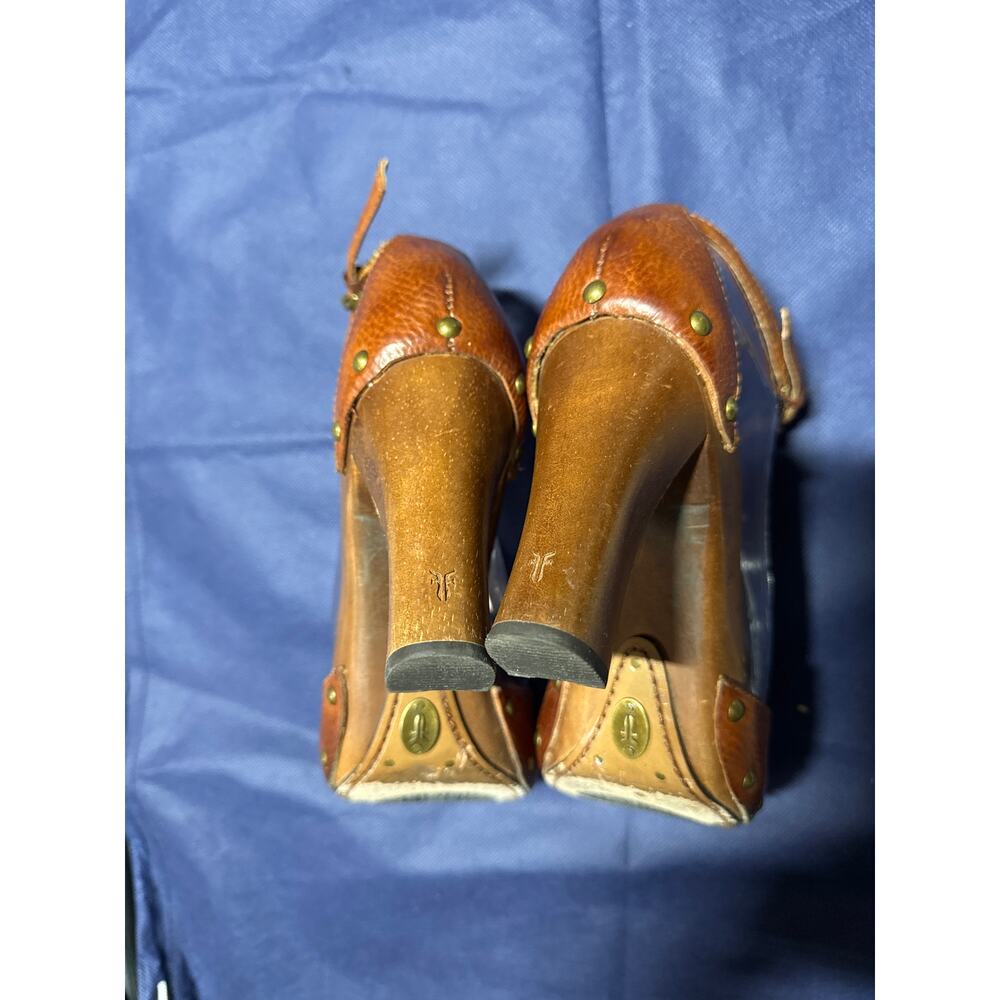 Frye Tan Dolly Jeweled Wooden High Heel Leather T-Strap Sandals Boho Bohemian7.5 - Picture 8 of 11